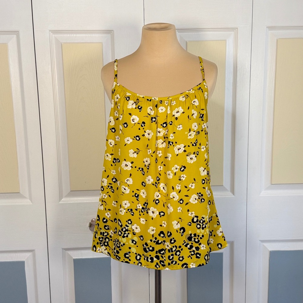 Cabi Womens Mustard Yellow Floral Leopard Print Cami Tank Top Medium Adjustable